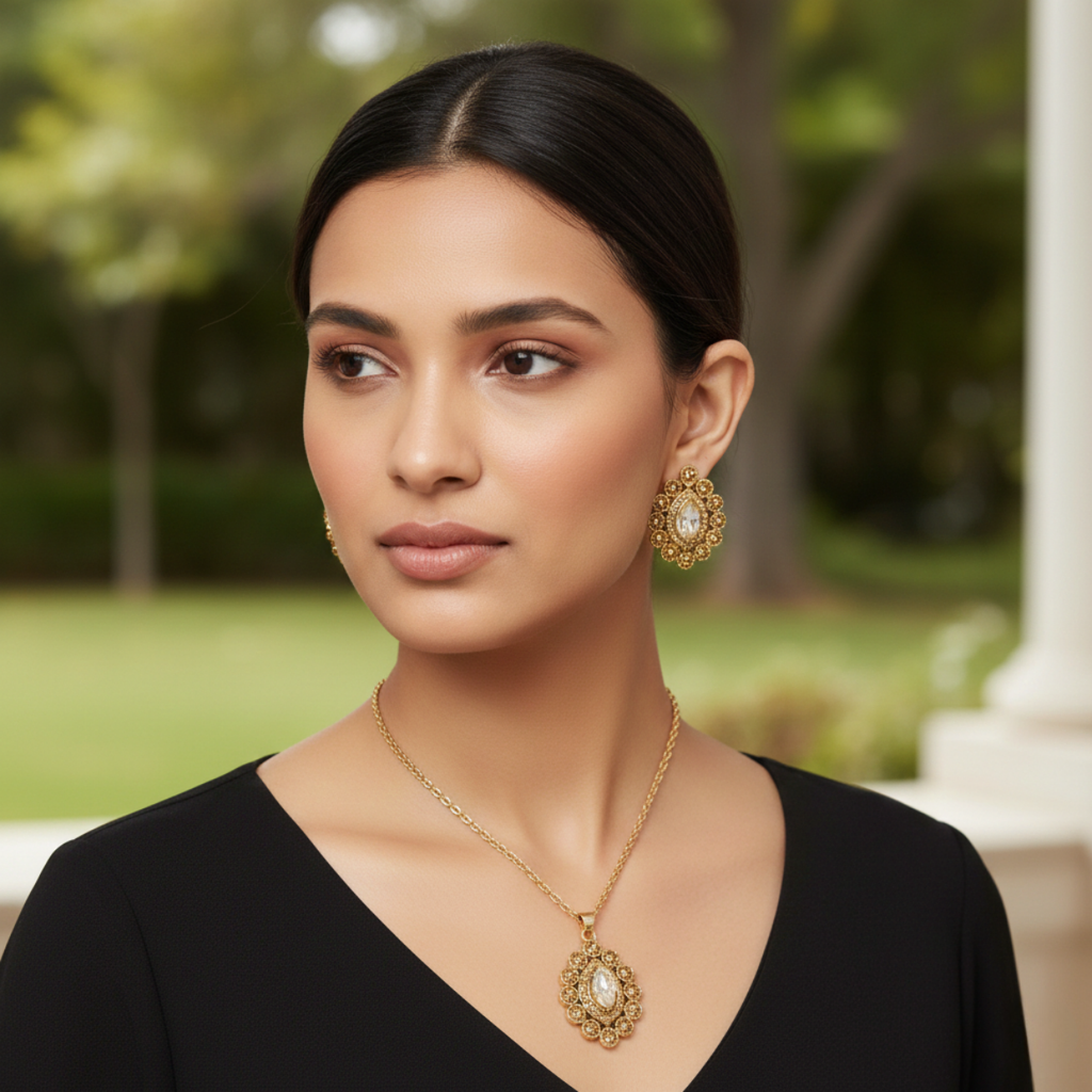 Luxury Gold Pendant Set with Earrings – Elegant Bridal & Party Wear Jewelry