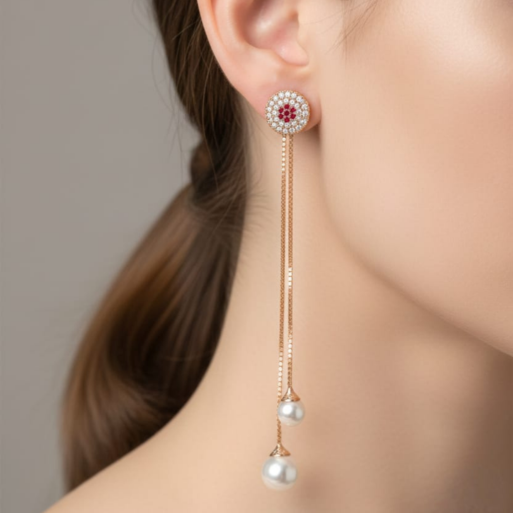 Rose Gold Pearl Drop Earrings for Women – Long Chain Party Wear Jewelry