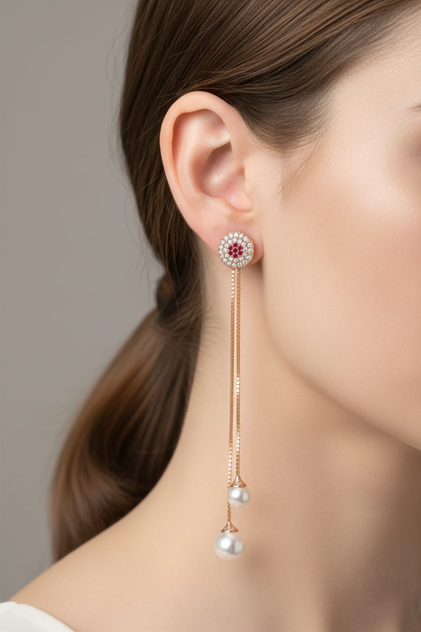 Rose Gold Pearl Drop Earrings for Women – Long Chain Party Wear Jewelry