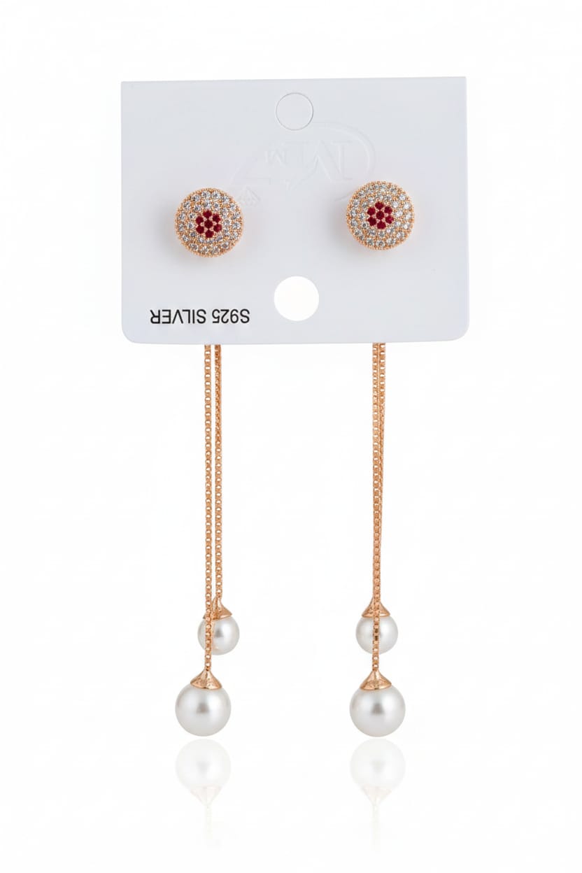 Rose Gold Pearl Drop Earrings for Women – Long Chain Party Wear Jewelry